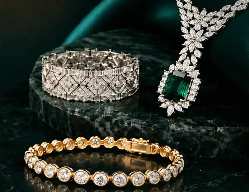 Display of a diamond necklace with an emerald centerpiece, and a gold and diamond bracelet.