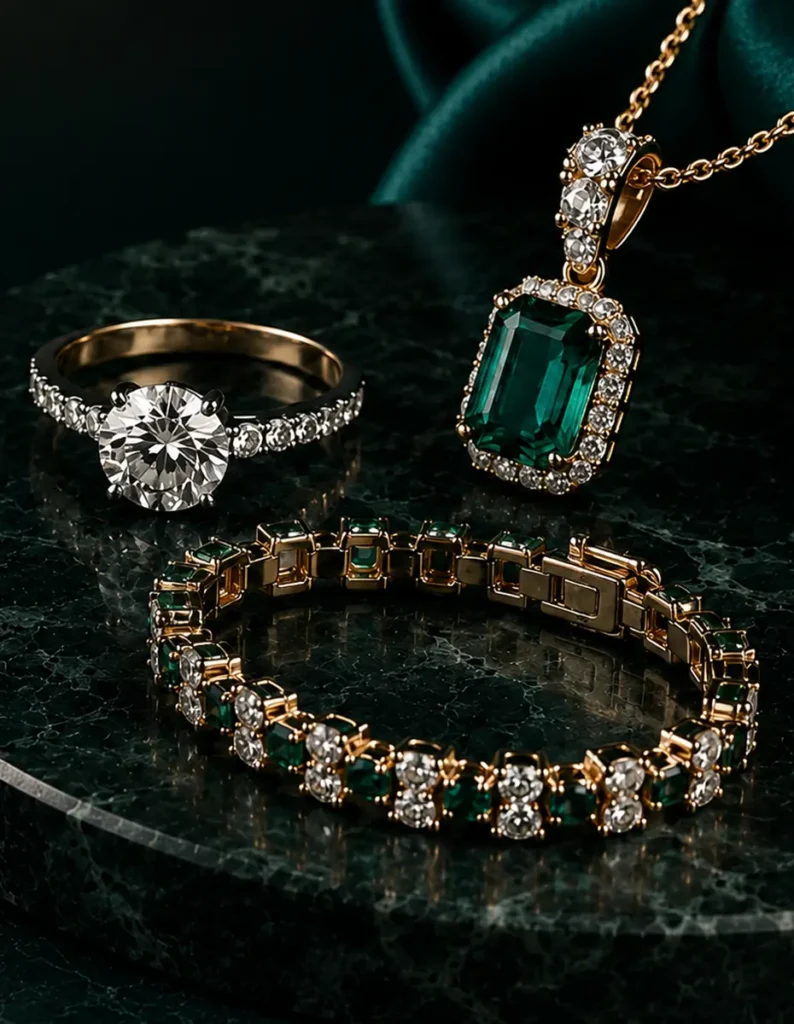 Diamond ring and emerald necklace