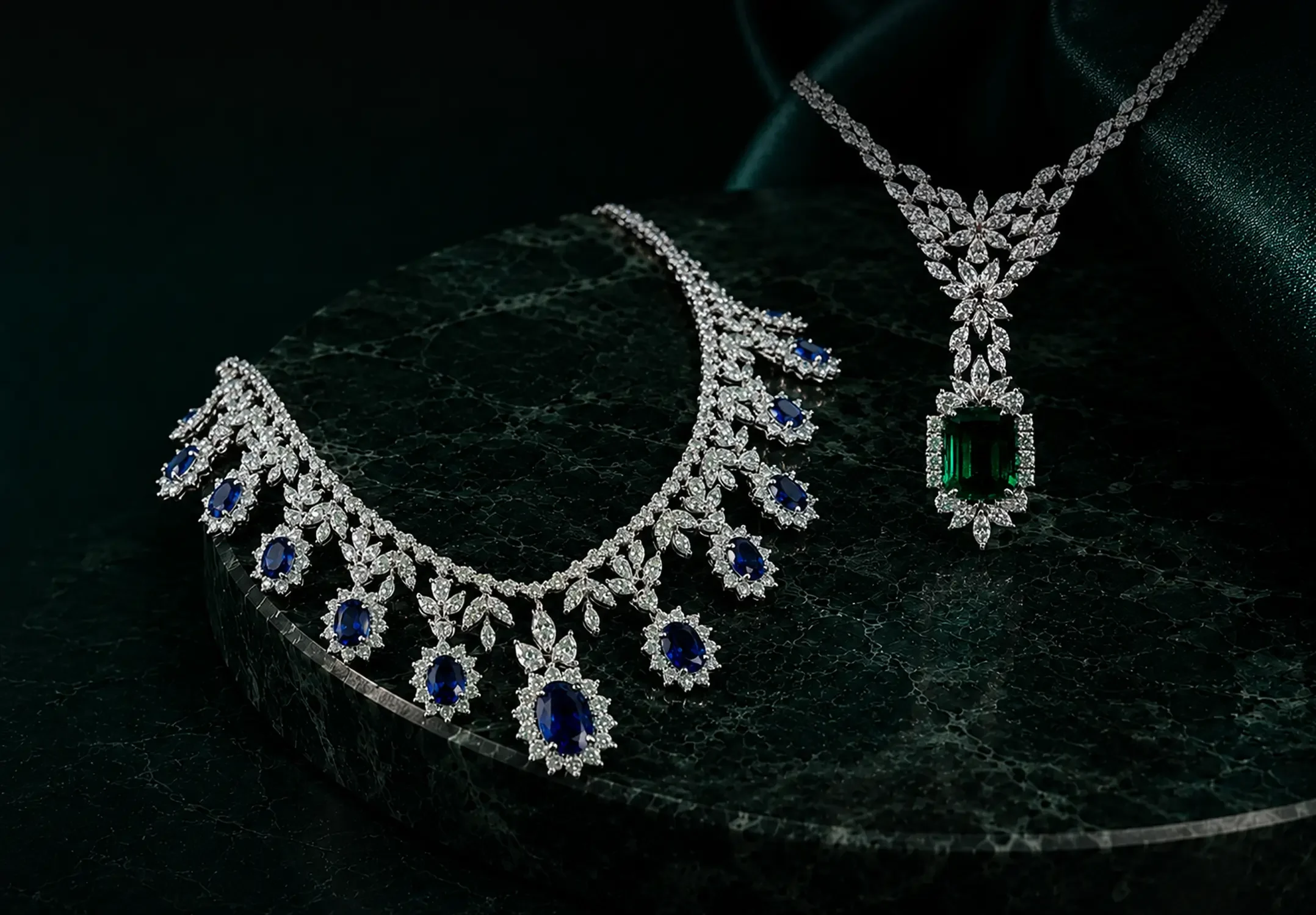 Diamond necklace with 11 sapphires dangling from diamond leaves, and a single emerald in a diamond necklace.
